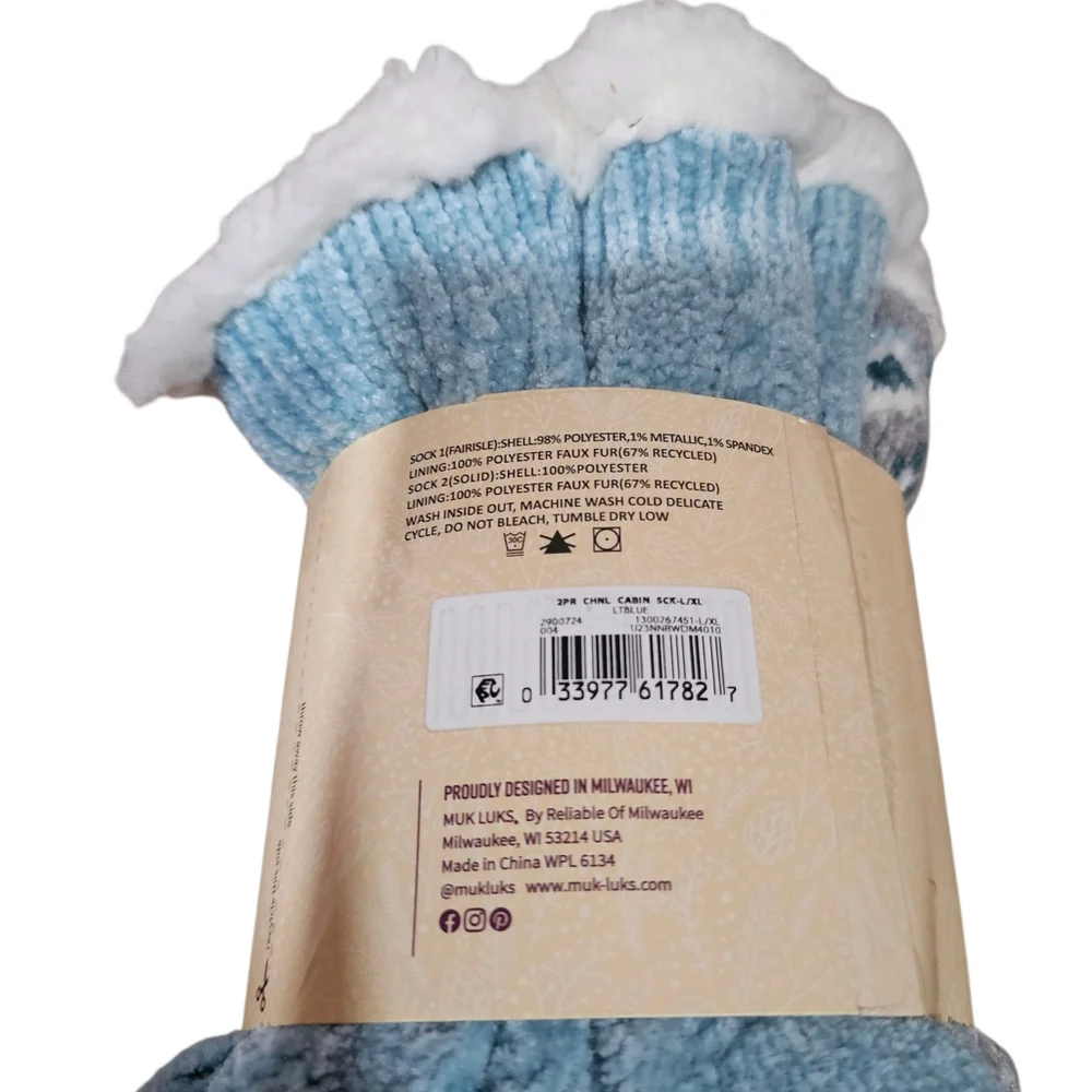 Muk Luks Cabin Socks L/XL Cozy Fleece Lined Non Skid Winter Slipper Socks 2 Pair